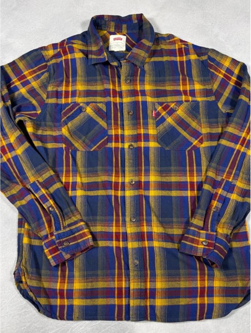 Levi’s Plaid Flannel Shirt Men’s Large Navy Mustard Burgundy Long Sleeve